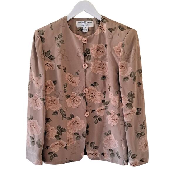 Rena Rowan For Saville Tan Multicolored Floral Silk Long Sleeve Jacket Top - 6P - Picture 1 of 7